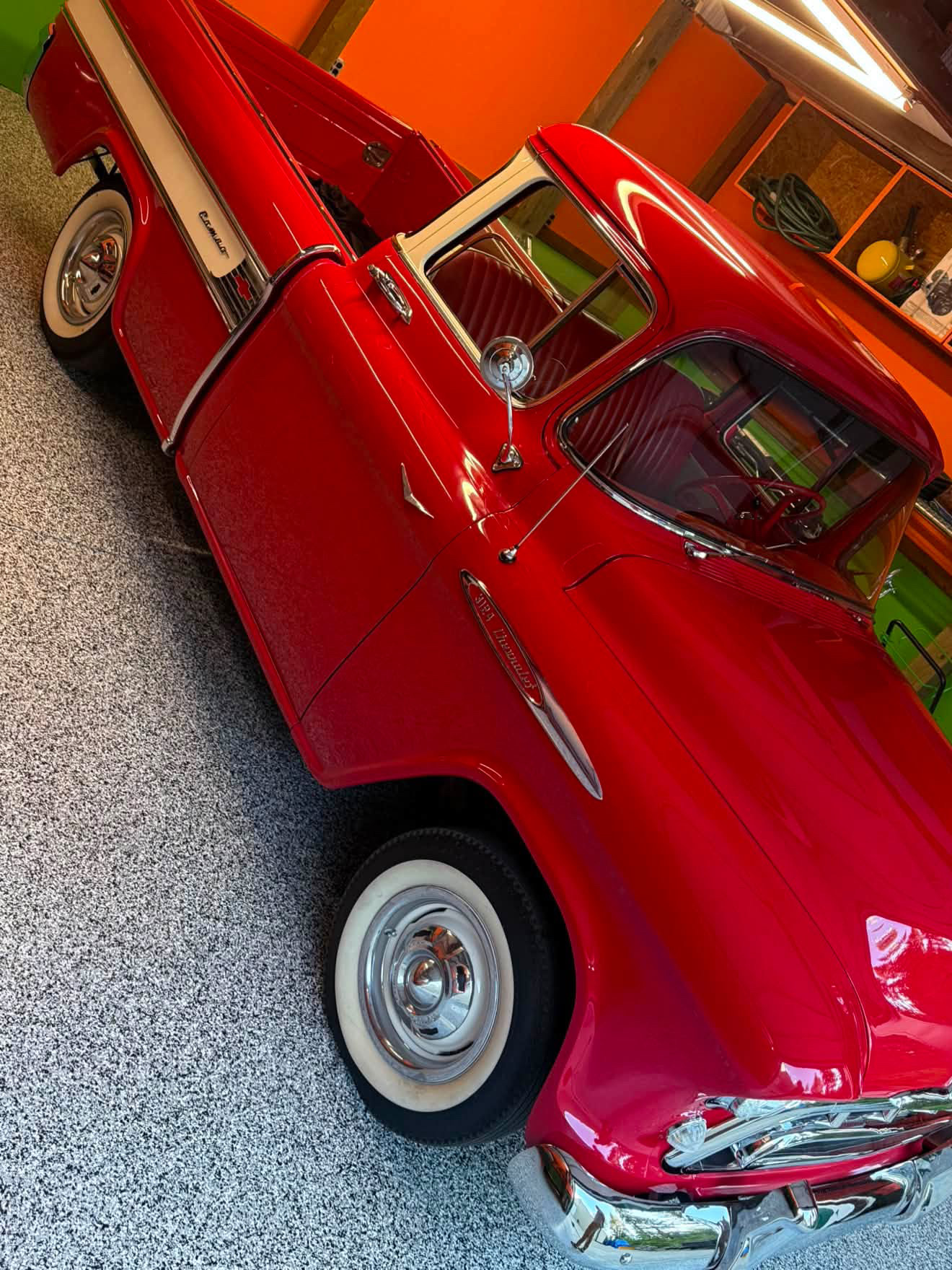 Red truck on flake floor